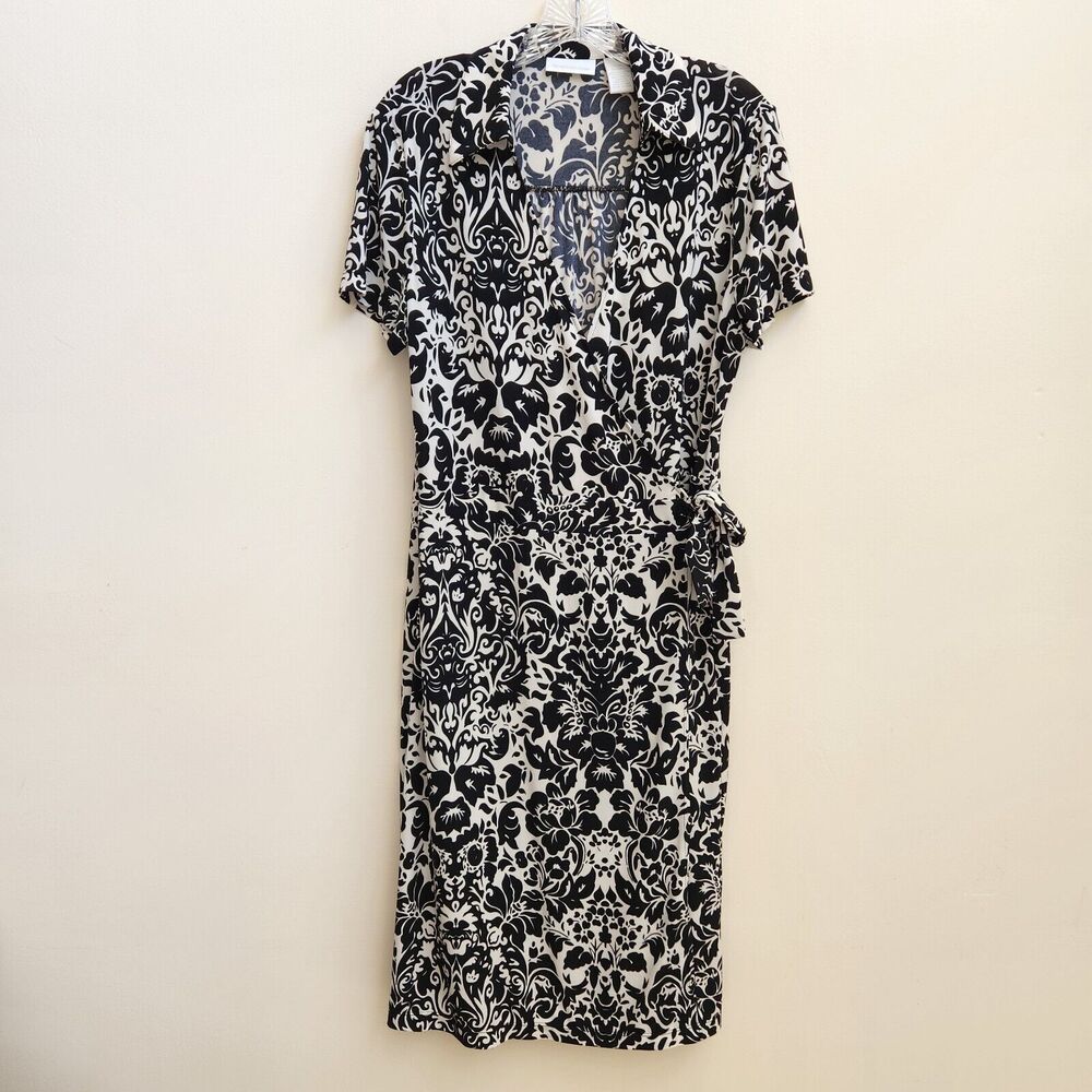 Worthington Dress Women's L Black White Abstract Wrap Tie Career Office Classic